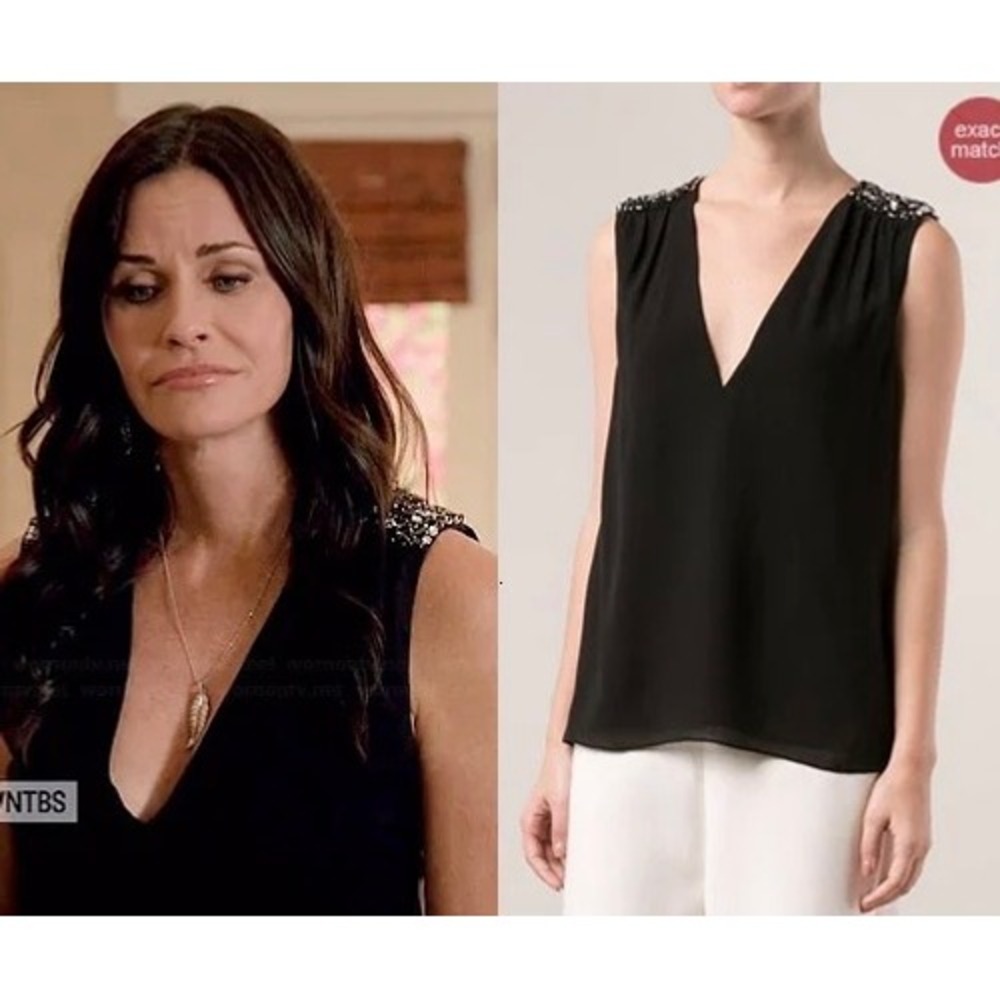 Alice & Olivia  • Black V‎ Neck Sleeveless Embellished Shoulder Blouse Top